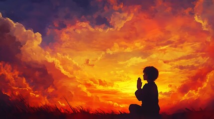 Obraz premium A contemplative moment of a young person in prayer, set against a sky ablaze with the colors of dusk