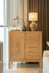 Wooden Cabinet with Table Lamp and Dried Flowers