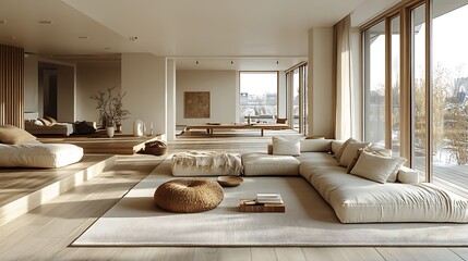 Fototapeta premium Scandinavian living room with an open-concept layout, minimal partitions, light wood flooring, neutral color palette, large windows allowing natural light, spacious and airy design, clean lines,