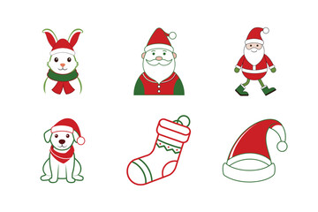 Christmas Santa Claus, Penguin, Christmas tree, stocking, rabbit line art vector set illustration isolated on white background 
