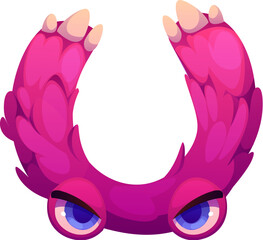 Naklejka premium Letter U Halloween font, cartoon evil type, funny scary typeface, spooky alphabet uppercase letter as pink furry monster with claws and blue eyes. Isolated vector cute furry beast latin abc character