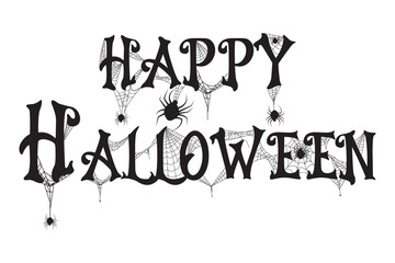 Happy Halloween text, lettering.  Halloween Banner, Background. Handwritten calligraphy with spider web, spider design for poster, banner, flyer. Vector Illustration. 
