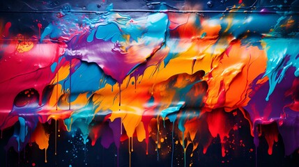 a colorful paint splattered on a black surface. 