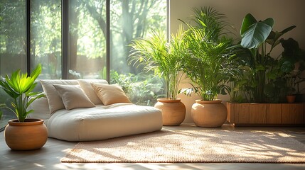 Scandinavian living room with indoor plants, greenery in simple ceramic pots, neutral tones, light wood elements, large windows letting in natural light, fresh and cozy atmosphere, minimalist design,