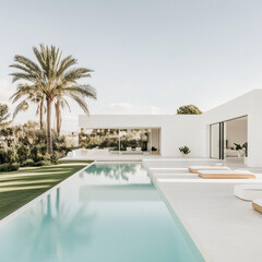 modern minimalist villa in Majorca with a large pool and garden, white walls, big windows, a concrete floor, a flat roof terrace, palm trees, green grass, 