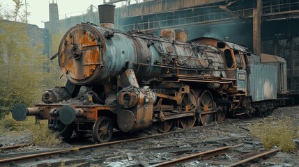 Rusty Steam Engine in Industrial Setting