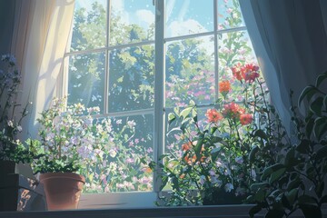 Peaceful scene of looking out the window at a tranquil garden filled with blooming flowers and gentle sunlight. Cozy vibe, Generative AI 