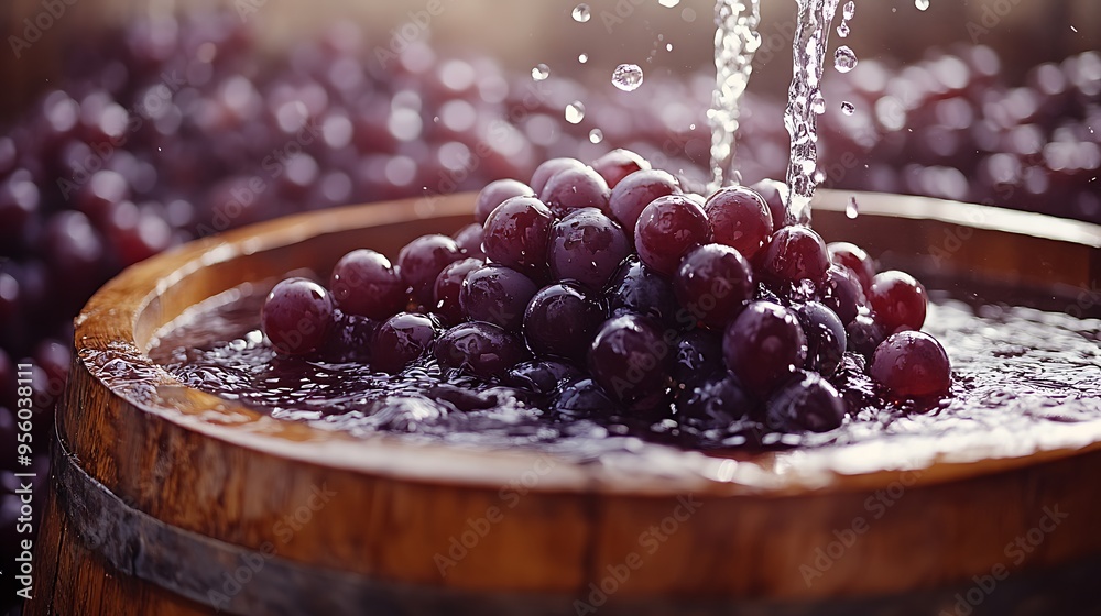 Poster A traditional grape crushing scene, with feet pressing into clusters of grapes in a large wooden vat, the rich juice splashing out and creating a vivid, dynamic image,