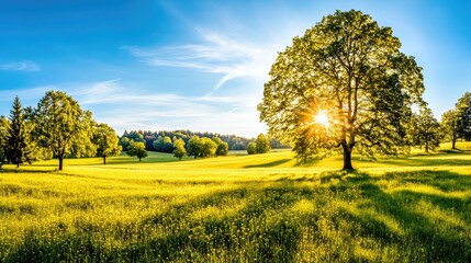 Landscape in summer with trees and meadows in bright sunshine
