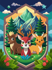 Fototapeta premium Three Cartoon Deer in a Mountainous Forest Setting