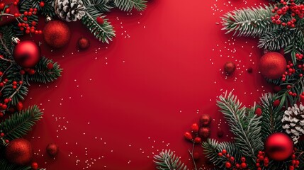 Festive Christmas Background with Pine Branches, Red Baubles, and Snow