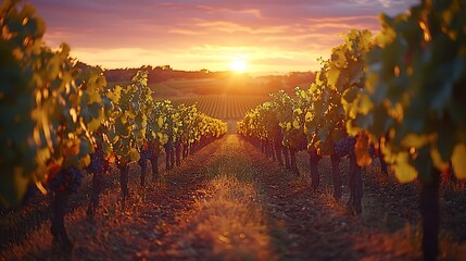 Obraz premium A tranquil vineyard at dusk, with the last rays of sunlight illuminating the grapevines, the sky a blend of warm oranges and purples, creating a peaceful and serene scene, HD quality,