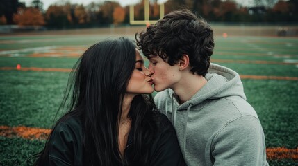 Naklejka premium h A Photo of a Couple kissing eatchother on the lips. She has long black hair and is slim, fit