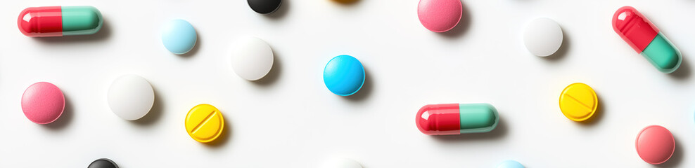 Top view of colored capsules and pills with a white background