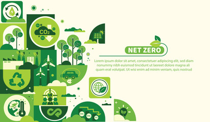 Net zero and carbon neutral concept. Net zero greenhouse gas emissions target. Climate neutral long term strategy with green net zero icons. Environment web banner with green city vector template.