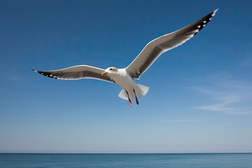 Fototapeta premium Majestic Seagull Gliding in Clear Blue Sky Above Serene Ocean Waters