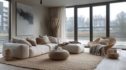Scandinavian living room with textured accents, wool rug on light wood flooring, linen cushions on a sleek beige sofa, knit throw draped over a minimalist armchair, soft and inviting textures,