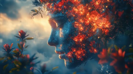 A surreal portrait blending human features with vibrant flowers, evoking themes of nature and transformation.