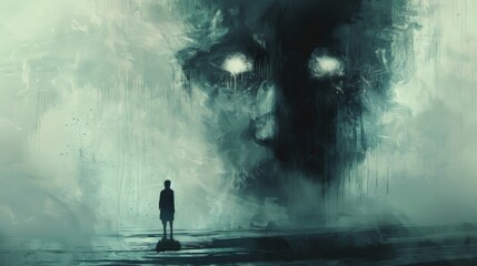 Obraz premium Mysterious figure with a shadowy face lurking behind a person experiencing intense fear and confusion, emotion, hidden evil spirit