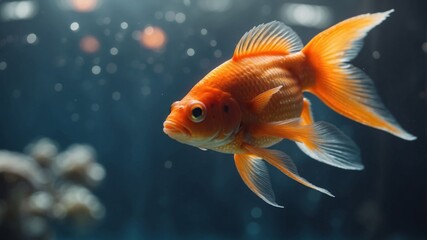 Goldfish in an aquarium with the sea in the background.