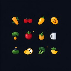 Flat gradient icon set of various food items like fruits vegetables and snacks