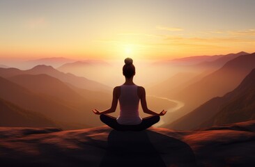  silhouette of a woman practice yoga meditating on top of mountain with sunset , generative ai