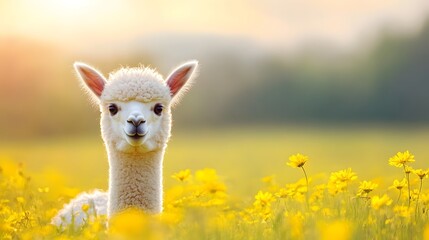 Obraz premium Gentle Fluffy Alpaca in Sun Drenched Pastoral Landscape
