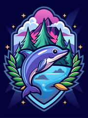 Fototapeta premium A Leaping Dolphin with a Mountain and Forest Landscape