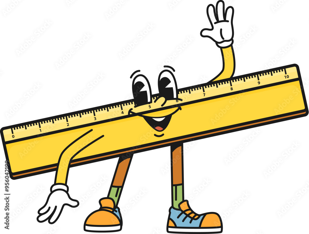 Poster Cartoon groovy ruler school character waving hand, ready to measure and educate students. Isolated vector cheerful and funny retro stationery, measuring ruler tool personage with happy smiling face