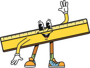 Cartoon groovy ruler school character waving hand, ready to measure and educate students. Isolated vector cheerful and funny retro stationery, measuring ruler tool personage with happy smiling face