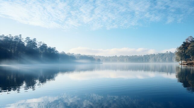 a body of water with trees and blue sky. 