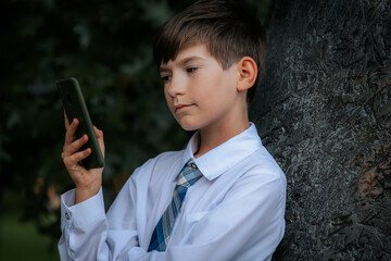 A young boy dressed in a white shirt and blue plaid tie leans against a tree while intently looking...