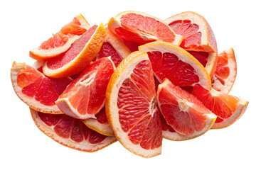 A heap of vibrant pink grapefruit slices stacked together, their juicy flesh and bright color popping against a transparent background, evoking freshness and health
