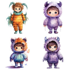 Four Children Dressed in Watercolor Monster Costumes