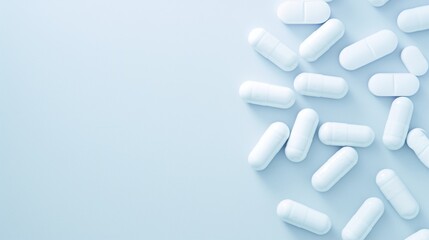 White Pills on a White Background with copy space for text. Representation of Medication or Health Supplements 
