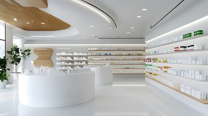 Sleek and Organized Modern Pharmacy Interior with Illuminated Medication Displays