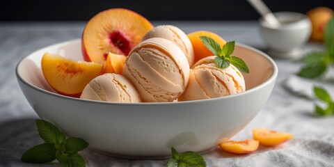 Creamy peach ice cream in white bowl with fresh slices and green mint leaves.