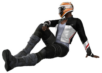 Dark skinned man in biker helmet and leather outfit. Motorcyclist wears a leather outfit and a helmet. 3D Illustration.