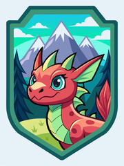 Cartoon Dragon in a Mountain Landscape Shield Emblem