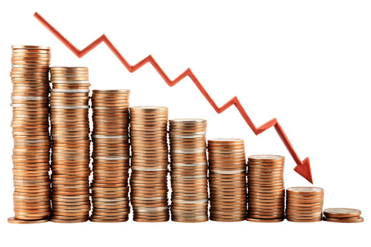 A red downward arrow overlays a series of stacked coins that decrease in size, isolated on a transparent background, representing financial loss, economic downturn, or shrinking investments