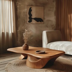 Wooden Coffee Table with Abstract Art in a Modern Living Room