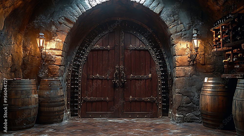 Poster The entrance to a hidden wine cellar, featuring a grand, arched wooden door with intricate carvings and iron detailing, the surrounding stone walls dimly lit to enhance the mysterious atmosphere,