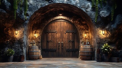 The entrance to a hidden wine cellar, featuring a grand, arched wooden door with intricate carvings and iron detailing, the surrounding stone walls dimly lit to enhance the mysterious atmosphere,