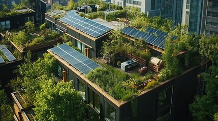 Modern Building with Rooftop Gardens and Solar Panels