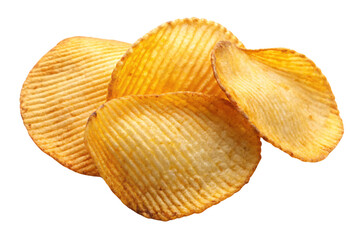 A small pile of ridged potato chips, all golden and crispy, isolated on a transparent background. The chips are stacked casually, showcasing their uniform, wavy texture