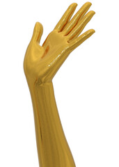 3D rendering of golden metal female hands sculpture. Shiny metallic hand gesture. Abstract fashion concept, object display background. 3D Illustration