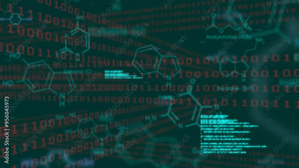 Poster binary code and chemical structures animation over scientific data