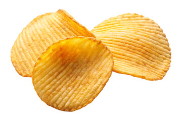 Three ridged potato chips, fanned out slightly, isolated on a transparent background. The golden chips have an appetizing, crunchy texture, with slight browning on the edges