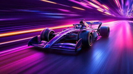 Obraz premium Formula One Car Speeding Through a Neon Tunnel