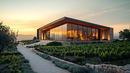 Obraz premium A beautifully designed winery, where modern architecture with expansive glass walls meets traditional stone and wood construction, set against a backdrop of vineyards,